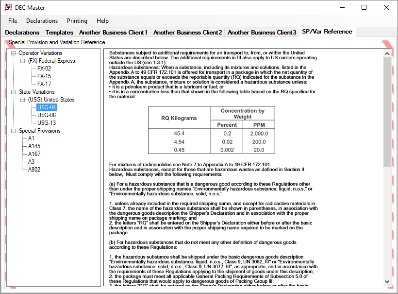 Special Provision and Variation Reference Screen